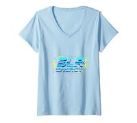 SLR Energy: Electrifying Futuristic Gamer Retro Vibe V-Neck T-Shirt, Women, Baby Blue, M