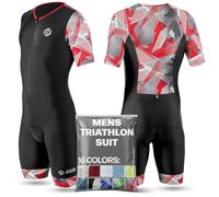 SLS3 Mens Triathlon Suit - Tri Suit Mens Short Sleeve - Breathable, Quick Drying Trisuit with 2 Pockets, Custom Padding for Cycling, Swimming & Running, Aero Design (Black/Red Geo, S)