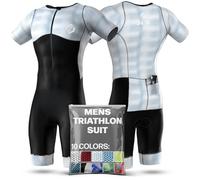 SLS3 Mens Triathlon Suit - Tri Suit Mens Short Sleeve - Breathable, Quick Drying Trisuit with 2 Pockets, Custom Padding for Cycling, Swimming & Running, Aero Design (Sky Blur, M)