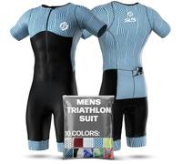SLS3 Mens Triathlon Suit - Tri Suit Mens Short Sleeve - Breathable, Quick Drying Trisuit with 2 Pockets, Custom Padding for Cycling, Swimming & Running, Aero Design (Ocean Blue Blur, M)