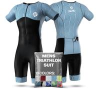 SLS3 Mens Triathlon Suit - Tri Suit Mens Short Sleeve - Breathable, Quick Drying Trisuit with 2 Pockets, Custom Padding for Cycling, Swimming & Running, Aero Design (Ocean Blue Blur, L)