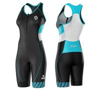 SLS3 Triathlon Suits Women - One Piece Tri Suit Women - Premium PRO FX Womens Triathlon Suit - Lightweight Trisuit Women, Slim Athletic Fit, No Shelf Bra (Black/Martinica Blue Stripes, XL)