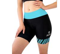 SLS3 Womens Tri Shorts | Triathlon Shorts for Women| 6 inch Black FRT Solid | Super Comfy with Soft Chamois | Designed by Athletes (Black/Martinica Blue Stripes, Medium)