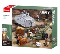 Sluban Military Building Set with Tank, Artillery, Horses and Accessories, Historical World War Theme, Grey and Green, M38-B1295