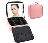 SLUMAZI Makeup Bag with LED Mirror Travel Makeup Organizer with 3 Lighted Settings, Adjustable Dividers and Makeup Brush Storage, Pink, The Large Capacity Travel Makeup Bag With Led Mirror
