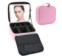SLUMAZI Makeup Bag with LED Mirror Travel Makeup Organizer with 3 Lighted Settings, Adjustable Dividers and Makeup Brush Storage, 13-Dark Pink