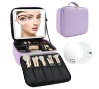 SLUMAZI Travel Makeup Bag with LED Mirror and 10x magnifying glass with 3 Lighted Settings, Adjustable Dividers and Makeup Brush Storage Bag Purple