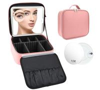 SLUMAZI Travel Makeup Bag with LED Mirror and 10x magnifying glass with 3 Lighted Settings, Adjustable Dividers and Makeup Brush Storage Bag Pink