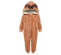 Slumber Hut® Girls Taupe Pug Dog Fleece Onesie Novelty Animal Face Hood Childrens All in One Snuggle Pyjamas - 7-8 Years