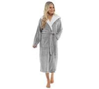 Slumber Hut® Ladies Hooded Fleece Dressing Gown - Luxury Grey Shimmer Sherpa Bear Hood - Leopard Animal Print - Teddy Fabric Winter Womens Bathrobe - Size 8 10 12 14 16 18 20 22