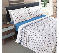 Slumber Nights Flannel Fitted Flat Sheet and Pillowcases Set Brushed Cotton Printed Warm Bedding (Blue, Double Sheets Set)