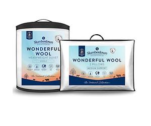 Slumberdown 10-14 Tog Heavyweight Warm Winter Wool Duvet & 2 Pillows, 100% British Wool, Soft Cotton Cover, Size 135cm x 200cm, White
