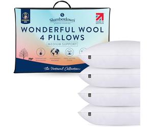 Slumberdown 100% British Wool Pillows 4 Pack - Naturally Cooling & Moisture-Wicking for Hot Sleepers, Luxury Back & Side Sleeper Bed Pillow - Hypoallergenic Cotton Cover, UK-Made (48 x 74cm)