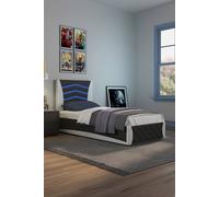 SlumberWorx Galaxy Ottoman Storage LED Headboard Gaming Single Black Bed Frame w 20cm Deep Pocket Comfort Foam Mattress in White SlumberWorx White Single