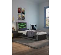SlumberWorx Galaxy Ottoman Storage LED Headboard Gaming Single Black Bed Frame w 25cm Deep Pocket Memory Foam Mattress in Grey SlumberWorx Grey Single