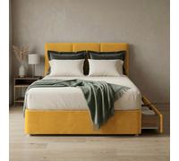 Slumbre Alton Plush Velvet Divan Bed, Headboard & Mattress - 3Ft Single - Turmeric - 2 Drawers Same Side