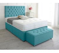 Slumbre Chesterfield Chenille Divan Bed, With Pocket Mattress & Ottoman Storage Box - 4Ft Small Double - Teal - 2 Drawers Foot End