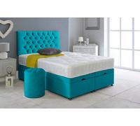 Slumbre Chesterfield Plush Velvet Ottoman Storage Bed, With Ortho Mattress & Round Stool - 5Ft Kingsize - Mallard