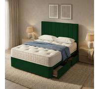 Slumbre Portland Plush Velvet Divan Bed, 50" Headboard & Mattress - 4Ft Small Double - Emerald Green - 2 Drawers Foot End