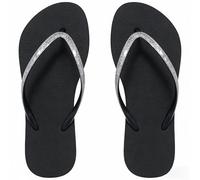 slunza Women’s Black Flip Flops with Silver PVC Film Straps, Lightweight Thong Sandals for Beach, Pool, Shower & Summer Casual Wear, Silver Pvc Film, 6-6.5