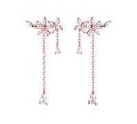 SLUYNZ 925 Sterling Silver CZ Flower Dangle Earrings Chain for Women Crystal Drop Earrings Tassel Elegant Wedding Earrings (B-Rose Gold Plated)