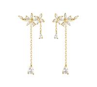 SLUYNZ 925 Sterling Silver CZ Flower Dangle Earrings Chain for Women Crystal Drop Earrings Tassel Elegant Wedding Earrings (C-Gold Plated)