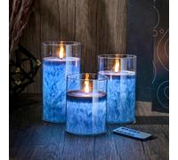 SLVCREK Real Wax LED Candle, 3PC Decorative Glass Candles, Flameless, Timer, Blue