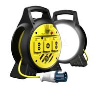 SLx 15m Cable Reel with Built-in LED Worklight, 2000 Lumen, 16A Commando Plug, 3 IP44 13A Sockets, Heavy Duty Extension Reel for Camping, Caravan, Motorhome, Workshop & Construction