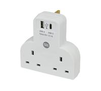 SLx Double Plug Adaptor with USB A and USB C 2.1A 2 Way Socket Extension Wall Charger Adapter 13A UK 3 Pin Power Socket for Bedroom Office Kitchen White
