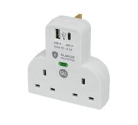 SLx Double Plug Adaptor with USB A and USB C 2.1A Surge Protected 2 Way Socket Extension Wall Charger Adapter 13A UK 3 Pin Power Socket for Bedroom Office Kitchen White