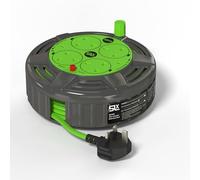SLx Extension Lead 10m 4 Socket Compact Cable Reel with Thermal Cut Out, Heavy Duty Extension Cable for Garden, Lawn Mower and Office, 13A Fused UK Plug in Grey & Green