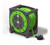 SLx Extension Lead 15m 4 Socket Heavy Duty Cable Reel with Thermal Cut Out, Long Reach Extension Cable for Garden, DIY, Lawn Mower and Workshop, 13A Fused UK Plug in Grey & Green