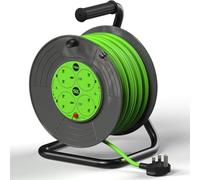 SLx Extension Lead 15m 4 Socket Open Cable Reel with Thermal Cut Out, Heavy Duty Long Reach Extension Cable for Garden, DIY and Workshop, 13A Fused UK Plug in Grey & Green