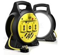 SLx Extension Lead 15m with LED Worklight 3 Socket Heavy Duty Cable Reel 2000 Lumen Bright LED IP44 Rated UK 13A Fused Plug Socket with Thermal Cut-Out
