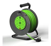 SLx Extension Lead 25m 4 Socket Open Cable Reel with Thermal Cut Out, Heavy Duty Long Reach Extension Cable for Garden, DIY and Workshop, 13A Fused UK Plug in Grey & Green