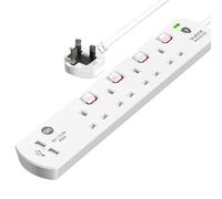 SLx Extension Lead 2m 4 Way Gang Switched Surge Protected Power Strip with 2 USB A Ports & LED Indicator 13A UK Plug & 3 Pin Sockets Wall Mountable Extension Cord for Home, Office or Garage White