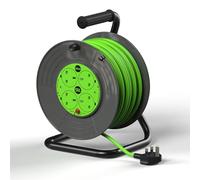 SLx Extension Lead 35m 4 Socket Open Cable Reel with Thermal Cut Out, Extra Long Heavy Duty Extension Cable for Garden, DIY and Workshop, 13A Fused UK Plug in Grey & Green