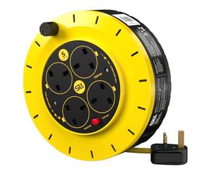SLx Heavy Duty Extension Lead Reel 5m - 4 Socket Garden Extension Cable Reel with Thermal Cut-Out Protection, 13A Plug, Compact Cable Reel for Lawn Mower & Garden Tools