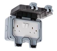 SLX Weatherproof Outdoor Socket 2 Gang IP66 Dual 13A Switched Sockets, Lockable Cover, Durable UV-Stabilised Housing, Wall-Mounted Waterproof Socket for Garden & Workshop