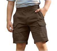 Slxbear Brown Boys Cargo Shorts with Pocket Summer Hiking Shorts Knee Length Pull On Baggy Lightweight Roll Up Hem Short Pants Classic Solid Color Short Trousers 5-6 Years