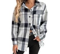 Slxbear Flannel Jackets for Women Plaid Cropped Shackets Fashion Checkered Button Down Wool Blend Flannel Shirt Jacket Lightweight Long Sleeve Tops Streetwear Gray XL