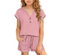 Slxbear Girl's 2 Piece Outfit V-Neck Short Sleeve Top and Drawstring Shorts Set with Pockets Summer Beach Airport Travel Vacation Outfits Matching Sweatsuit Children Clothing Pink 11-12 Years