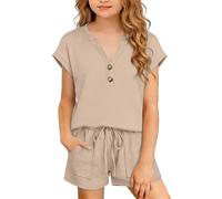 Slxbear Girl's 2 Piece Outfit V-Neck Short Sleeve Top and Drawstring Shorts Set with Pockets Summer Beach Airport Travel Vacation Outfits Matching Sweatsuit Children Clothing Khaki 11-12 Years