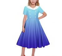 Slxbear Girls Double Breasted Notch Lapel 50s Vintage Short Sleeve Cocktail Swing Dress Gradient 1950s Rockabilly Prom Dress Kids Party Dresses #02Blue 13-14 Years