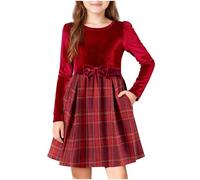 Slxbear Girls Velvet Dress Winter Kids Patchwork Plaid A Line Long Sleeve Holiday Dresses Cute Bow Outfit with Pockets Classic Stylish Midi Warm Dresses Party Wear Red 9-10 Years