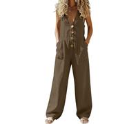 Slxbear Ladies Linen Jumpsuits Summer Romper Casual Loose Playsuits Button V Neck Sleeveless Rompers One Piece Pants with Pockets Solid Color Overalls Wide Leg Playsuit Going Out Streetwear