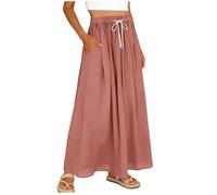Slxbear Linen Skirts for Women UK Drawstring Pleated Maxi Skirts Ladies Solid Color Elasticated Waist Cotton Linen Long Dress Flared Flowy Lounge A Line Skirt for Beach Vacation Travel M