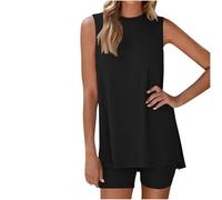 Slxbear Loungewear Sets for Women Airport Outfits for Women Sleeveless Side Slit Tank Top and Elastic Waist Shorts Solid Soft Comfort Casual Summer Ladies Sleepwear Set Lounging Homewear Outfit