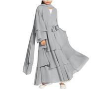 Slxbear Muslims Dress for Girls Kids Abaya Chiffon Kimono Long Sleeve Flowly Islamic Kaftan Robe with Scarf Belted Tiered Prayer Dresses Fesvite Children Outfits Gray 5-6 Years
