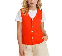 Slxbear Orange Volunteer Activity Vest for Kids Utility Waiter Uniform Button Vest Sleeveless Unlined Waistcoat with Pockets School Lightweight Basic Solid Color Vests 9-10 Years